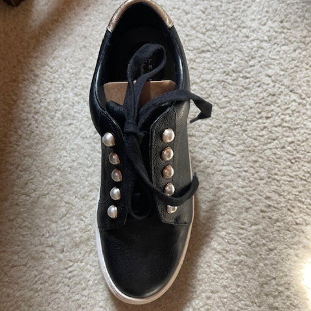 Alex Marie Wrenna Pearl Stud Embellished Black Leather Platform Sneakers 8.5